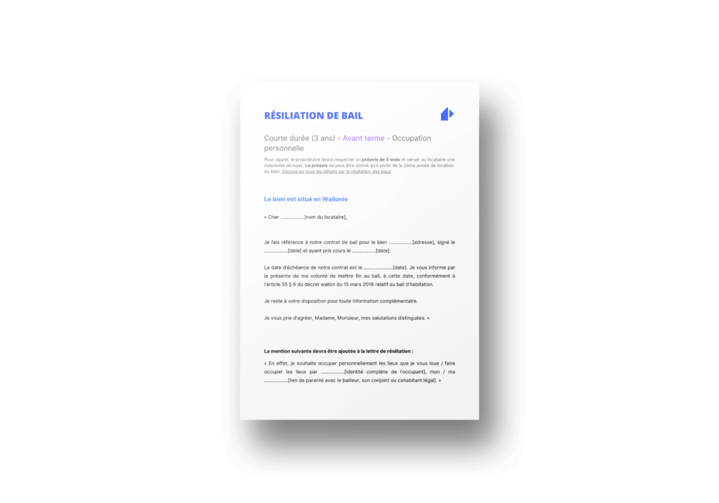 Modèle de résiliation d'un bail de courte durée avant terme pour occupation personnelle Wallonie