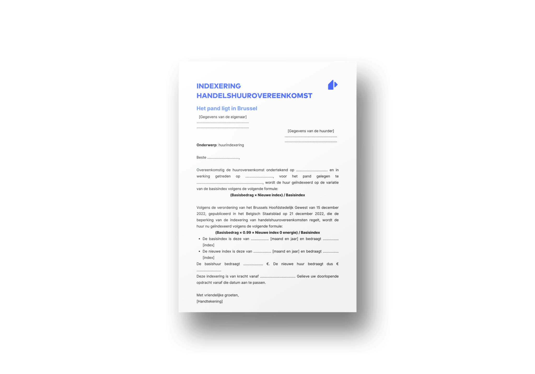Brief voor huurindexering handelshuurovereenkomst in Brussel