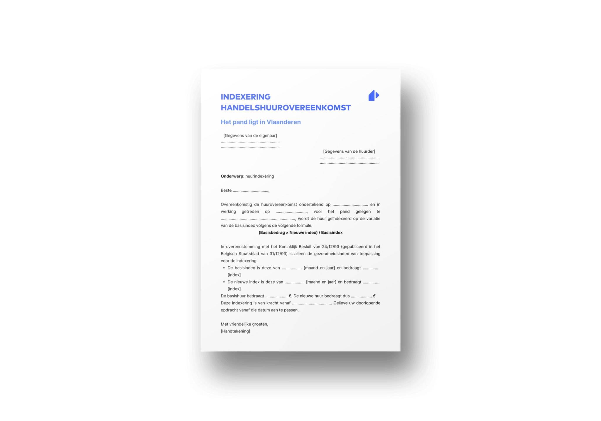 Voorbeeldbrief huurindexatie handelshuurovereenkomst in Vlaanderen