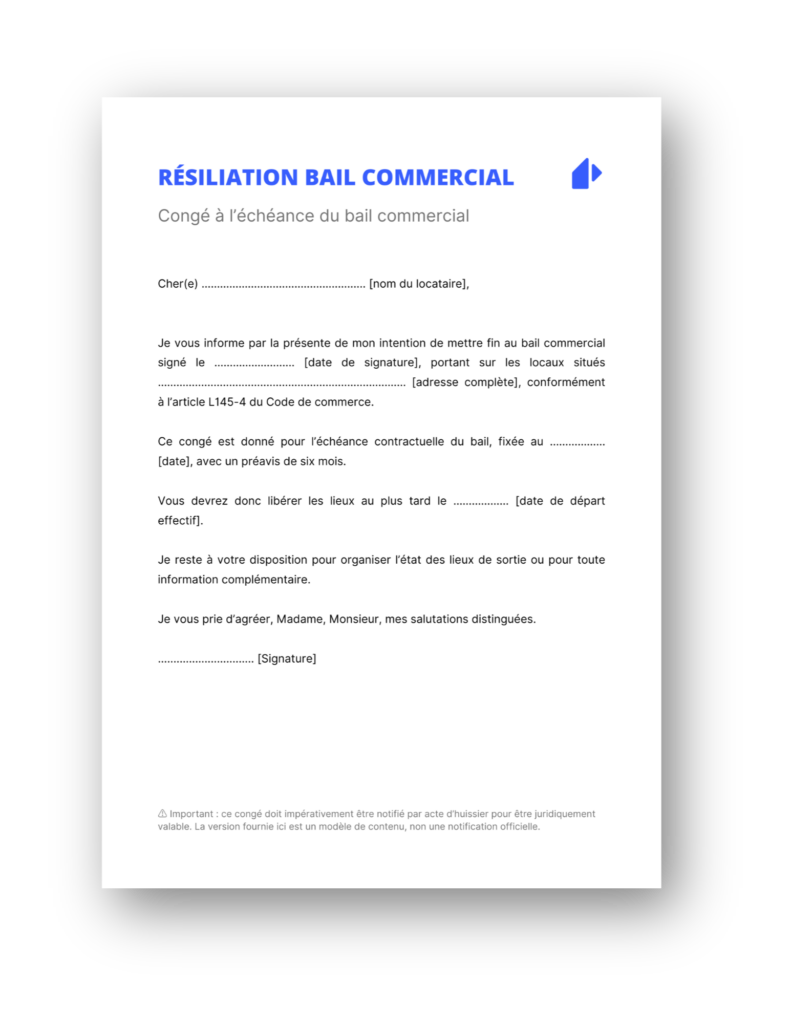 Lettre résiliation bail commercial échéance